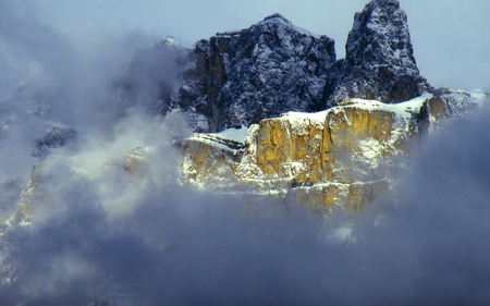 Mist - escarpment, sky, trees, snow, clouds, mountains