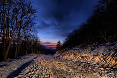 Cold lonely road - beautiful, road, snow, night, sky