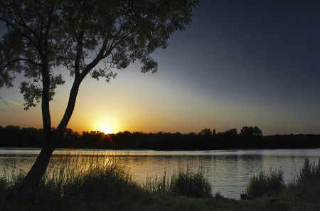 river @ sunset - reflections, bank, river, distance, sunset, dusky dark, trees- foreground