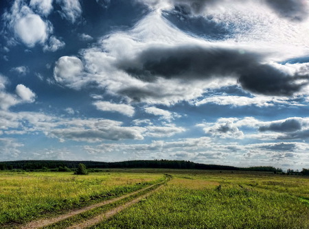 grasslands-sunny day - dirt road, clouds, blue, day, grasslands, sunny, open skies, distant hills