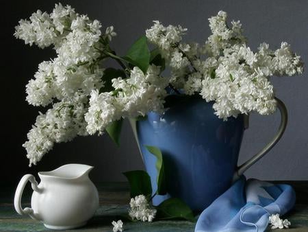 White Flowers in a Blue Pitcher - white flowers, sugar cup, blue pitcher, blue handkerchief, table