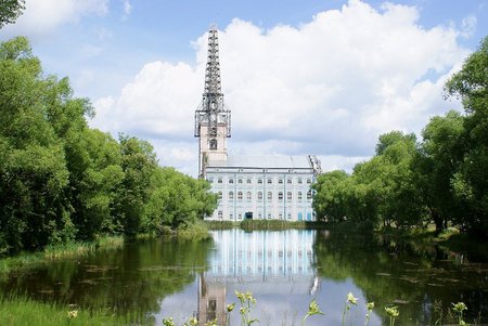 renovation- cathedral - steeple, renovation, bankside, white, reflections, treelines, church, cathedral, pond