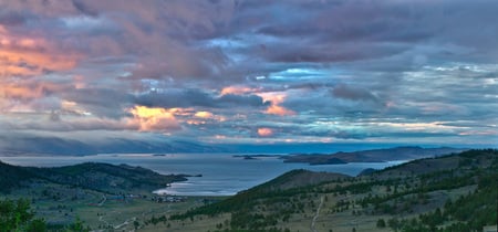 great lake village - clouds, trees, shoreline, great, distant roads, village, sunset, major, fiery, lake