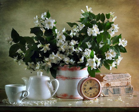 still life - photography, still life, white, flower bouquet, beautiful, clock, books, flowers, old