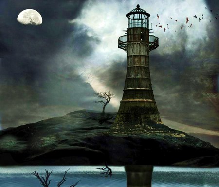 Dark guardian - moon island, lighthouse, dark, night, desolate, birds