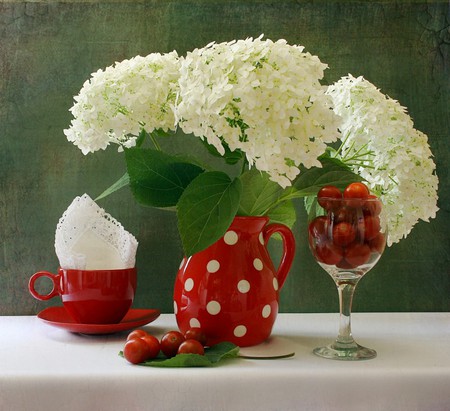 still life - photography, still life, fruit, cup, white, flower bouquet, red, beautiful, jug, flowers, harmony