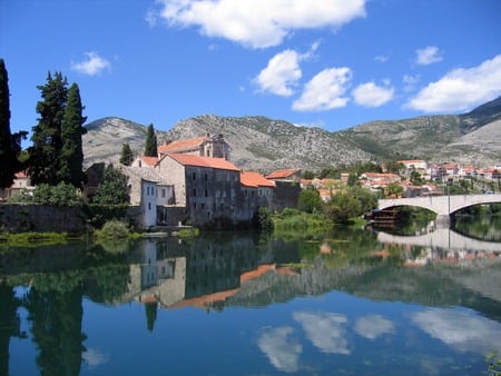 Trebinje River - river, town, europe, blue sky, reflection, mountain, bridge