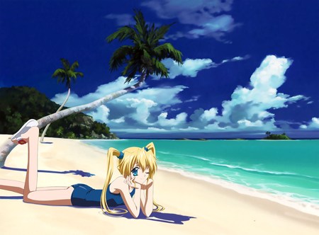 Da Capo Girl On The Beach - clouds, swimsuit, water, beach, da capo, ocean, sand, tree, cute, sky