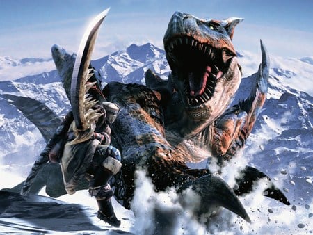 Coold Kill Monster Hunter 2 - monster hunter 2, fantasy, winter, t-rex, fighting, knight