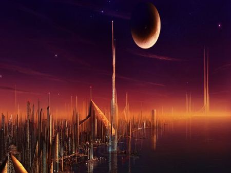 City - moon, abstract, river, fantasy, city, night, orange, future