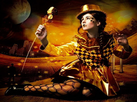 golden passion - clown, fantasy, rose, gold, love