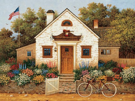 Someday Carnegie Hall - flag pole, wysocki, music, painting, art, flag, house, teacher, lesson, bicycle, plants, brick, dirt road, chimmey, violin, flowers, charles wysocki