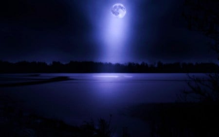 Blue moon night - moon, reflection, hills, ripples, blue night, water