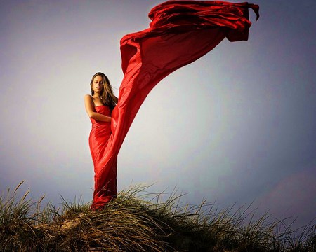 Dress on the hill - hill, gown, dress, red dress, girl, wind, red, woman, flowing