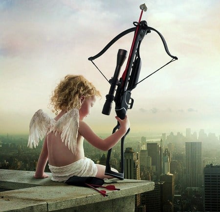 Cupid in New York - new york, atop building, angel, wings, fantasy, hearts, cupid, creatures, valentines day, arrow, little, love, valentine, bow and arrows, hate valentines day, cupid kills, bow, arrows