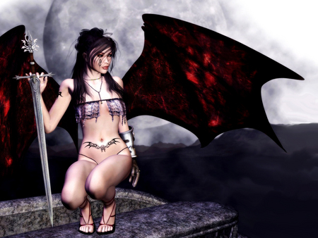 Red Winged Angel - sword, rocks angel, red, wings