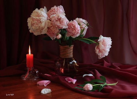 still life - flower, beautiful, flowers, bouquet, vase, harmony, still life, candle, photography, peony