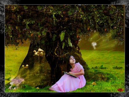 FAIRY RING - little girl, magic, book, butterflies, reading, grass, pink, leaves, tree, mushroom, fairy