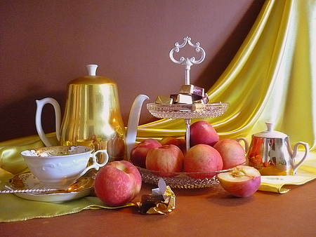 still life - drink, photography, peach, still life, gold, fruit, cup, candy, luxury, beautiful, harmony