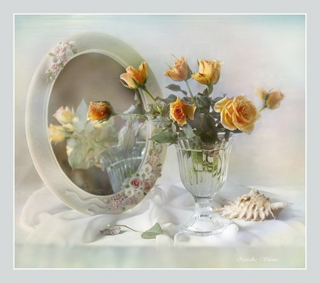 still life - beautiful flowers, roses, photography, still life, vase, flower bouquet, mirror, orange, harmony