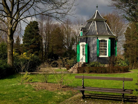 The Summerhouse - house, trees, aqua shutters, garden, bench, grass, summerhouse