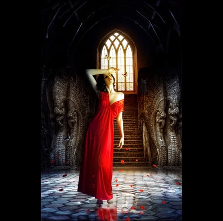 Lady in Red 2 - girls, women, lady, hot, cat, red, castle, dress