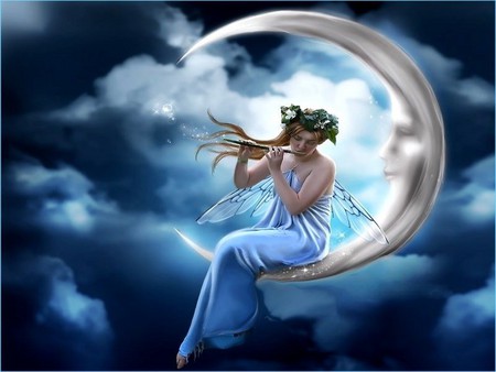 MOON CHILD - woman, moon, sky, night, music, child, fantasy, clouds, blue, fairy, flowers