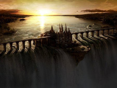 WATERFALL CASTLE - waterfall, island, sun, castle, bridge