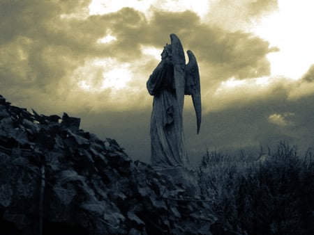 angel statue - clouds, overcast, angel, hillside, statue, sky