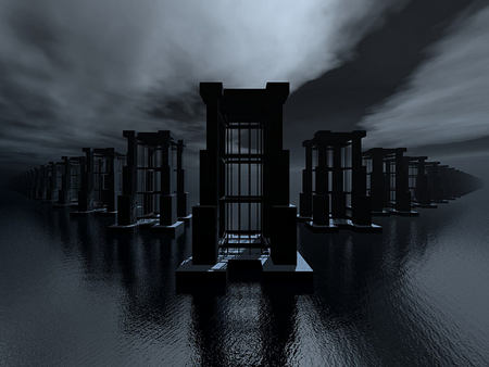 3D landscape - sky, landscape, water, columns, black, darktones, 3d, blue, towers