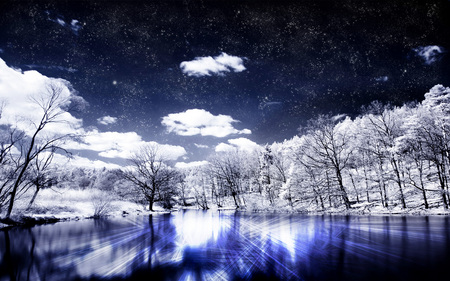 Lake - lake, stars, trees, clouds