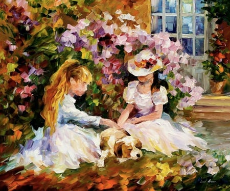 Three Friends - flowers, girls, dresses, beautiful, painting, puppy, art