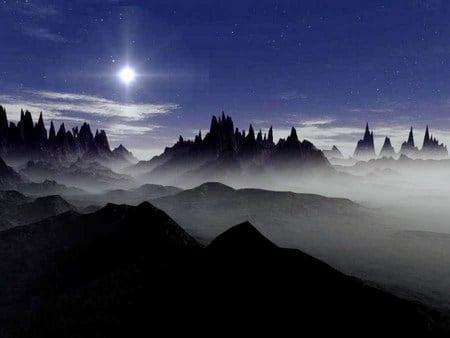 Light the darkness - moon, hills, mist, blue sky, night