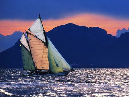 Colorful sails - sky, hills, pink, green, sailboat, rippling waters