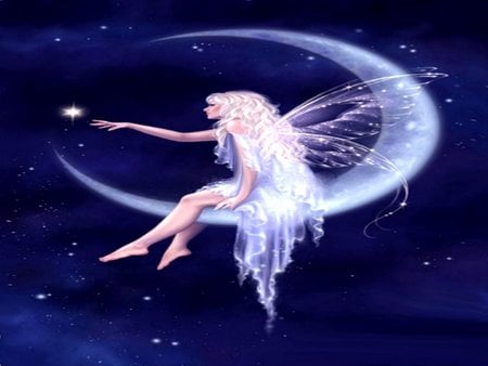 BIRTH OF A STAR - girls, sky, female, hair, starlight, wings, fantasy, pretty, cool, digital art, angels, fairies, paintings, cute, birth of stars, moon, stars, night, lovely, shining, sparkle, charm, star, blue, beautiful, crescent, sweet, fairy, colors, drawings, dress