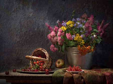 still life - flower bouquet, photography, color, cherry, basket, apple, still life