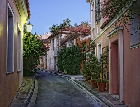 Alley of Greece - pots, greece, plants, alley, narrow, road, bushes, buildings