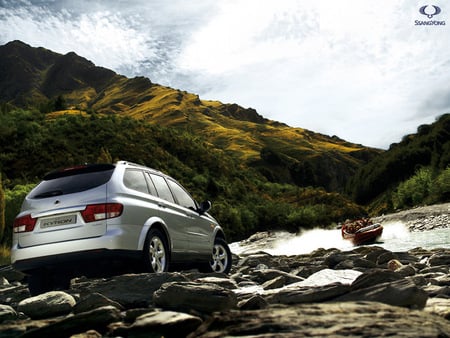 silver car - rock, silver, cool, car, water, green