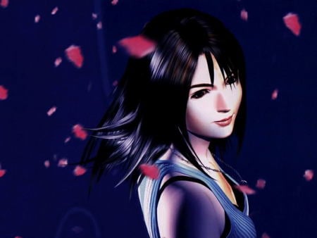 Final Fantasy - thimking, girl, petals, black hair, fantasy