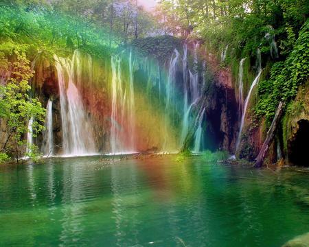 Waterfall - trees, nature, waterfall, rainbow, sky