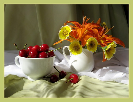 still life - cherries, yellow, beautiful, photography, kettle, flower, still life, orange, bouquet, flowers, red