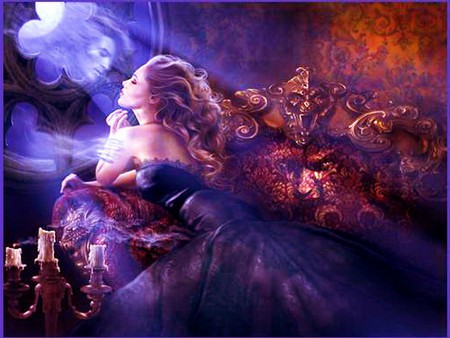 Dreaming Lady - woman, candles, mirror, long hair, divan, gown, fantasy, blonde