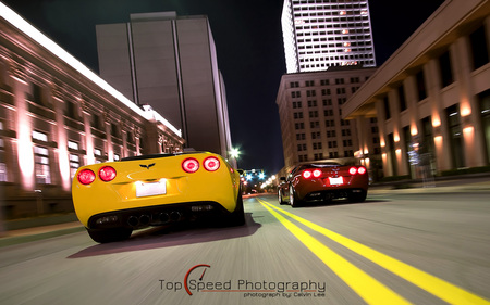 Yellow 2009 & Sunset Orange Metallic 2006 Chevrolet Corvette C6 Z06 - vette, chevrolet, z06, sunset, 2009, sunset orange metallic, 2006, chevy, yellow, orange, c6, metallic, corvette