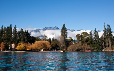 Remarkable Queenstown - houses, trees, boats, coastline, mountains, blanket, clouds, blue, skies