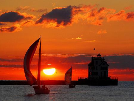 Sunset sail - water, beautiful, ocean, orange, sail, boats, sailing, sunset, sun