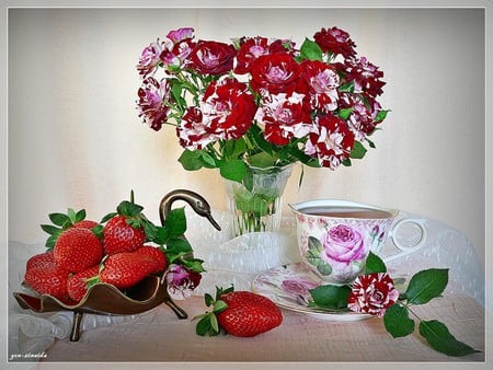 still life - beauty, swan, coffee, roses, photography, still life, cup, vase, drink tea, flower bouquet, strawberries, red, flowers, harmony