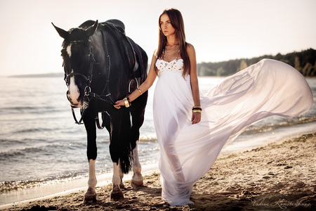 elegant white - female, romantic, beach, sand, riding, brunette, sky, clouds, bride, beautiful, black horse, photography, girl, sea, white dress, black, white, woman, model, sexy