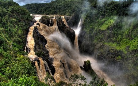 Waterfall - trees, water, mountains, waterfall, mud, rocks, art, river, green, brown water, cliffs, mountain, plants, nature, abstract, beautiful, jungle, digital