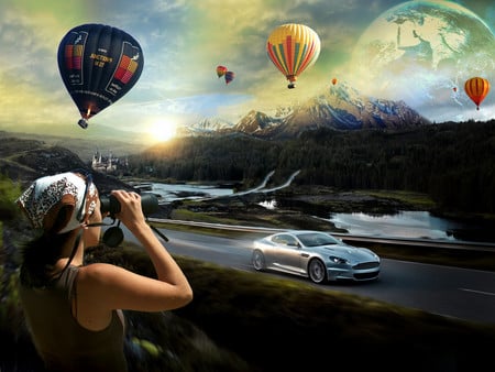 busy - balloons, cars, woman, sky