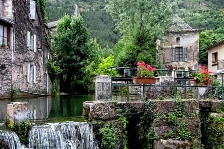 Peaceful Day - houses, trees, water, flowers, canal, waterfall